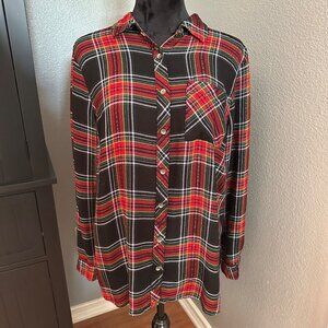 Maurices Blouse‎ Women's Size 0 Plaid Tunic Long Sleeve Button Up Black Red Y2K